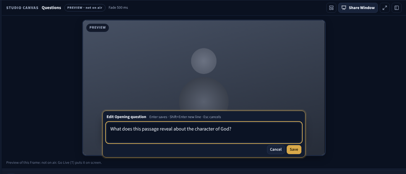 Editing a question directly on the Studio Canvas