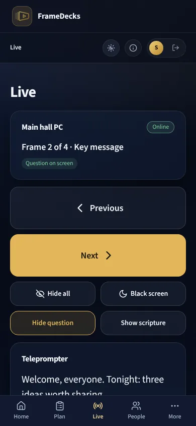 The Live page on a phone: Previous, Next, Hide all and Black screen